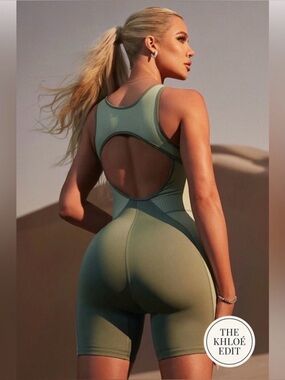 Fabletics Khloe Kardashian Edit Motion365+ Romper Onesie Open Back Green Large
